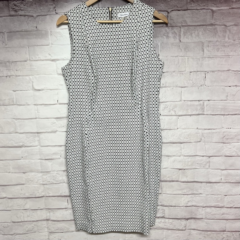 Calvin Klein Womens Black White Sleeveless Classic Career Sheath Dress Size 12